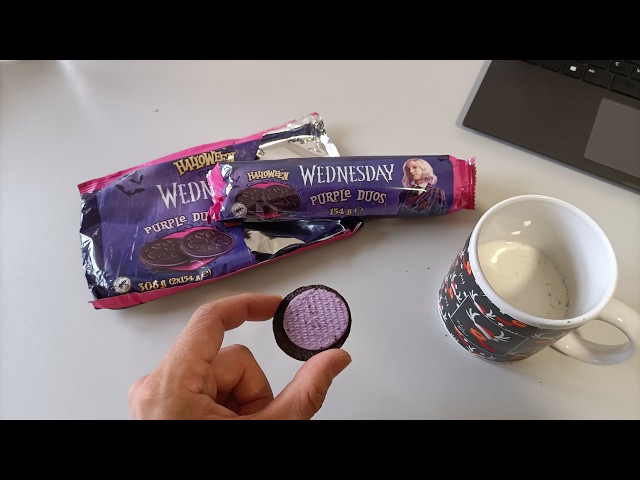 Lidl's Oreo knockoffs with purple cream inspired by the Wednesday series
