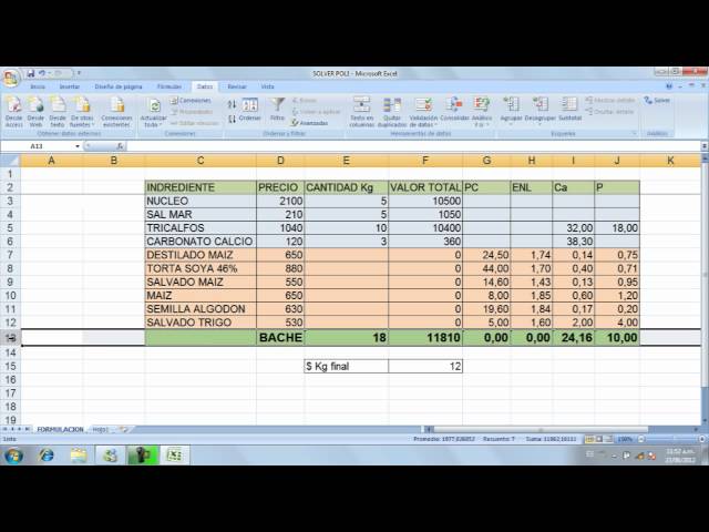 Balance de raciones con el complemento solver