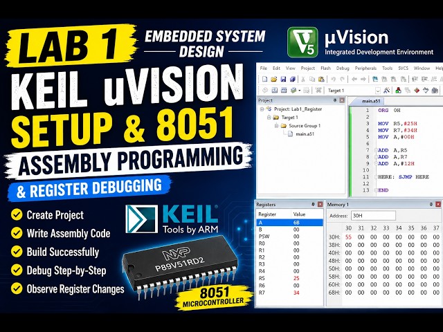 Embedded System Design Lab 1 | Keil uVision Setup, 8051 Assembly Programming & Register Debugging