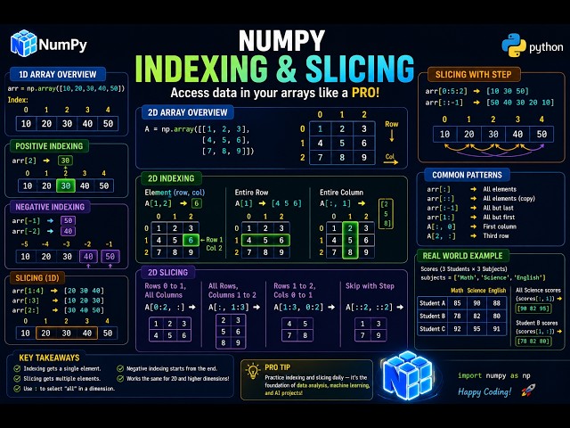 NumPy Indexing & Slicing Explained 🚀 | Access Arrays Like a Pro | Python for AI |  #machinelearning