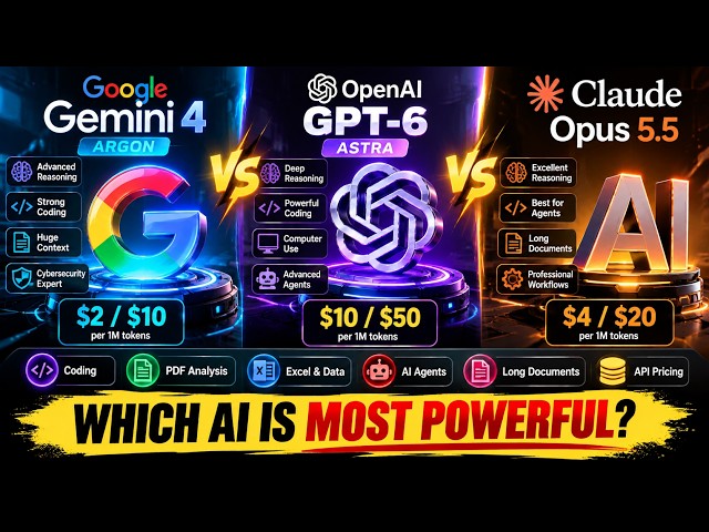 Gemini 4 Argon vs GPT-6 Astra vs Claude Opus 5.5 🔥 Which AI Model Is Most Powerful? Price & Features