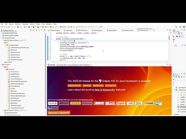 eclipse workspace   javaexperiment src javaexperiment ArithmeticCalculatorGUI java   Eclipse IDE 202