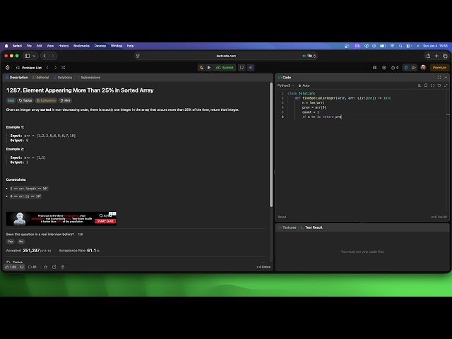 No Sound Leetcode 1287: Element Appearing More Than 25% In Sorted Array