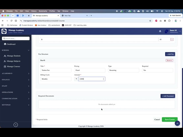 How to Add Courses, Sections, Fees & Documents in Manage Academy | Complete Setup Guide