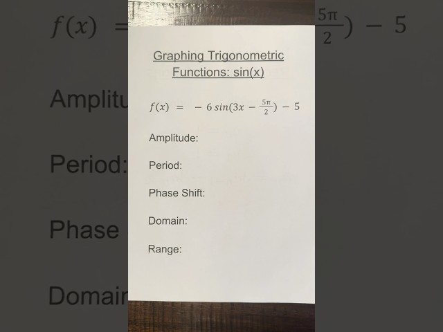 Graphing Trigonometric Functions: Amplitude, Period, Phase Shift, Domain, Range of -6sin(3x-5pi/2)-5