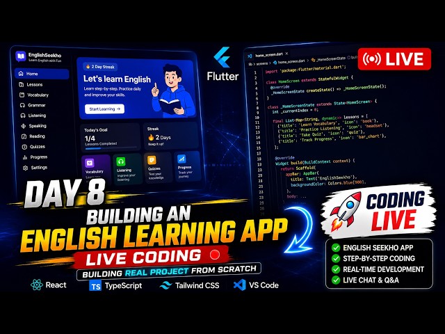 🚀 Day 8: Building an English Learning App LIVE | Android App Development in Flutter | Hindi