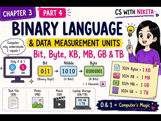 Binary Language, Bit, Byte, KB, MB, GB & TB Explained |  Class 6 Computer Ch 3 Part 4