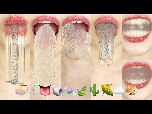 asmr CLEAR EMOJI FOOD JELLY 🍜🫧👅🐚🍬🍃🌵🌽☁️🥯 투명 이모지 젤리 먹방 eating sounds
