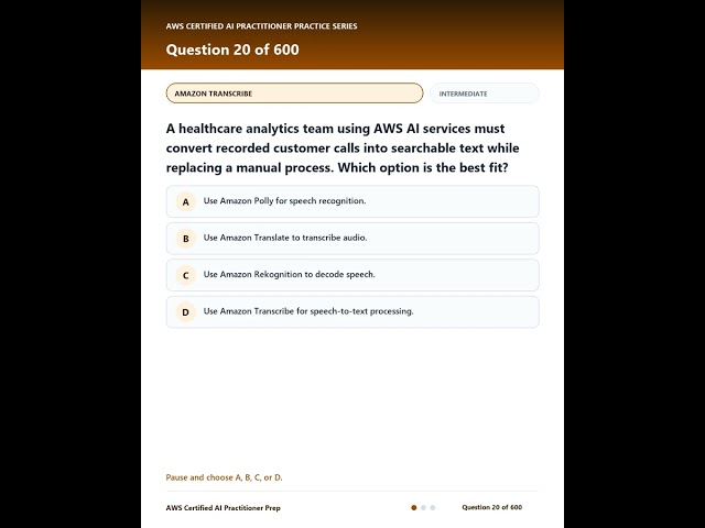 AWS Certified AI Practitioner · Question 20 of 600: Amazon Transcribe