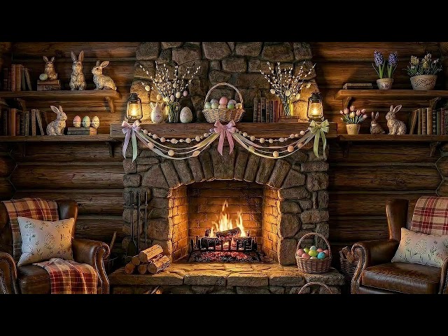 Cozy Easter Fireplace Ambience | Rustic Log Cabin Decor | Live 24/7