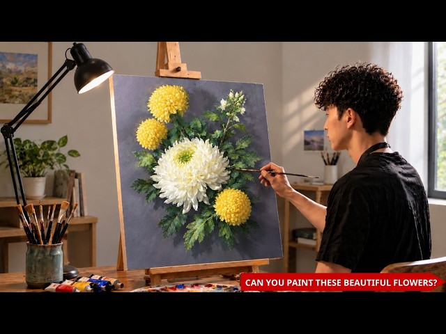 🔥 Can You Paint These Hyper Realistic Chrysanthemums in Acrylic? | Step-by-Step Tutorial | #264