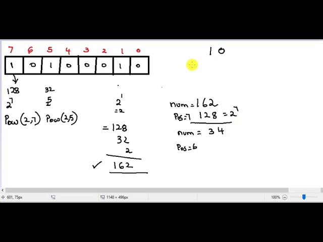 explanation of unsigned char to 8bit binary using pow