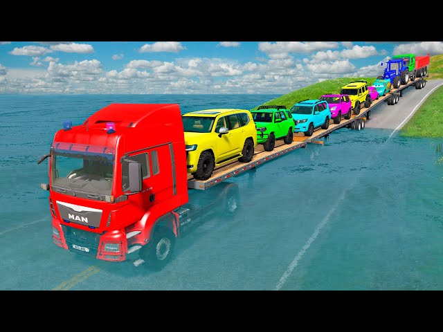 Triple Flatbed Trailer McQueen Transportation with Truck - Speedbumps vs Cars vs Train - BeamNG #222