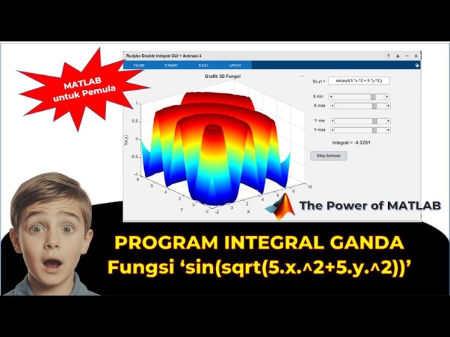 "PROGRAM INTEGRAL GANDA FUNGSI ‘sin(sqrt(5.x.^2 + 5.y.^2))’ (Part 5)”. (List program di Deskripsi)