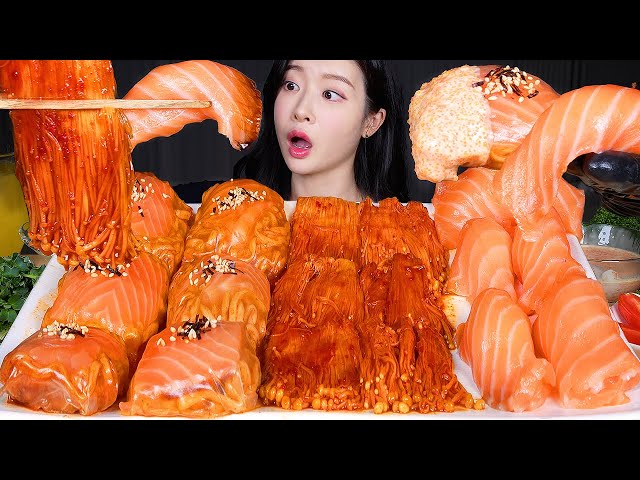 ASMR MUKBANG | SPICY COMBO 🔥 Salmon Buldak Wraps 🔥 Giant Salmon Sushi & Spicy Enoki Mushrooms
