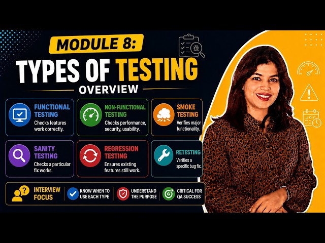 Module 8: Types of Testing Explained | Functional, Smoke, Sanity, Regression & Retesting