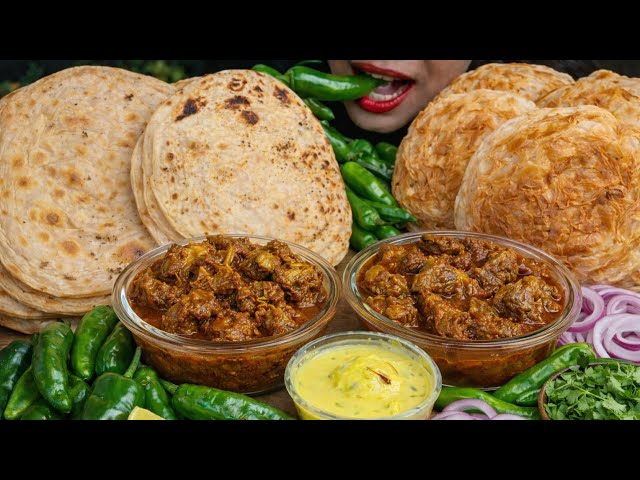 ASMR: Eating Paratha with Chicken Mutton Curry Eating Challenge 😍😋 green chilli Mukbang