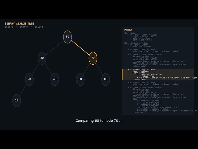 Binary Search Tree — Insert, Search, Delete (Animated + Python)