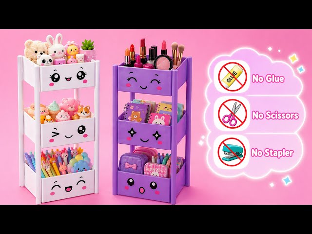 DIY Paper Organizer / No glue no scissors paper craft for school / Easy Origami paper box / kawaii