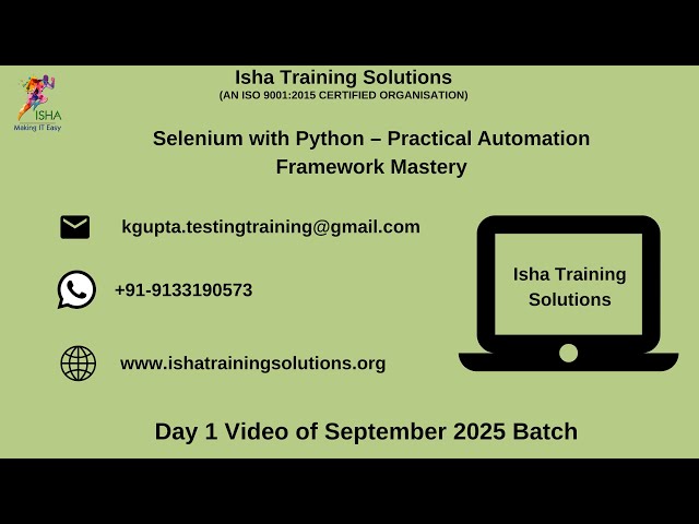 Selenium with Python Day 1 video on 17th sep 2025. Call or WhatsApp us on +91-9133190573 to enroll.