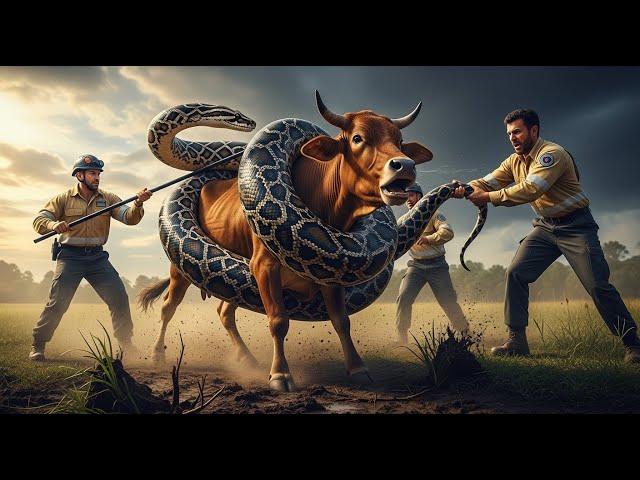 Brave Heroes Save Hyperactive Mother Cow from Giant Pythons  #cowrescue  #pythonrescue