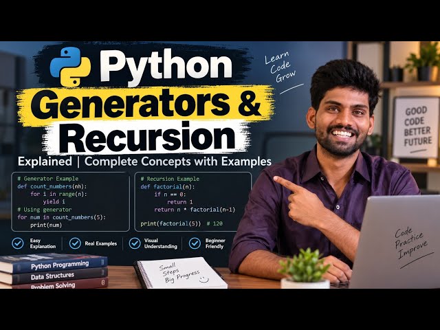 Python Generators & Recursion Explained | Complete Concepts with Examples | Python Programming