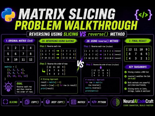 Python List Reversing using Slicing VS reverse() Method | Matrix Slicing: Problem walkthrough