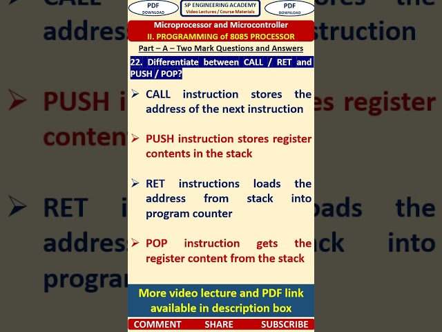 22MP2   Microprocessor and Microcontroller   Differentiate between CALL  RET and PUSH  POP