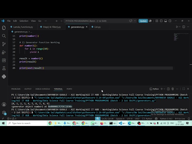 Python Lecture: Generators in Python Part - 2 & Exception Handling in Python Part - 1