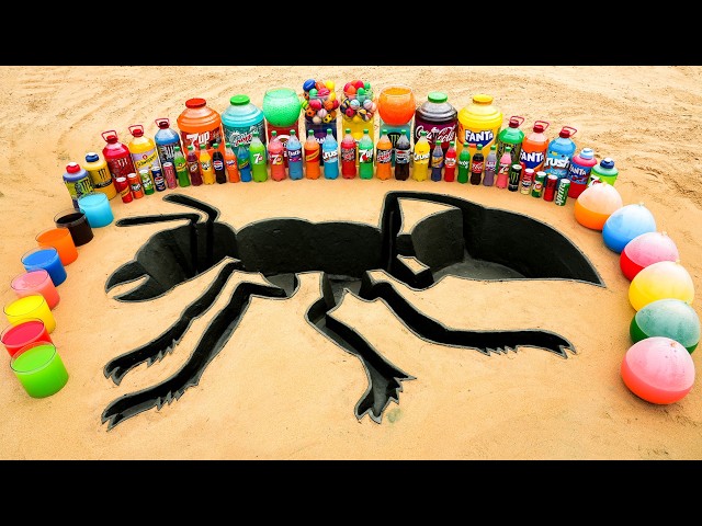 Giant Ant Cement Hole Experiment with Coca-Cola, Fanta, Sprite, Balloons & Mentos