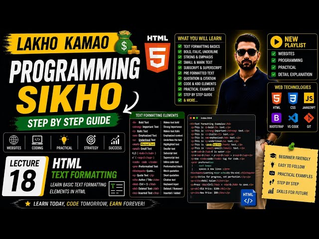 HTML Text Formatting Tags in Urdu | Bold, Strong, Italic, Mark, Del, Ins, Sub & Sup | Lecture 18