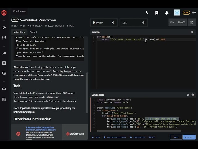 codewars python Alan Partridge II   Apple Turnover