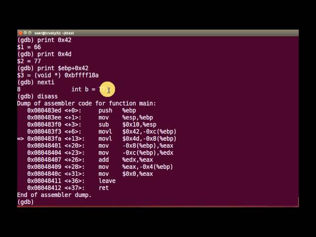 GDB Debugging: Examine x86 addition Instructions using C and gdb on 32 bit Linux