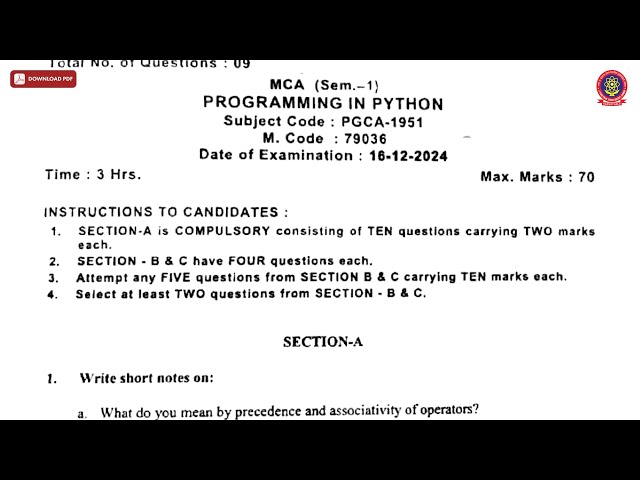 MCA 1ST SEM PROGRAMMING IN PYTHON DEC 2024 | PTU