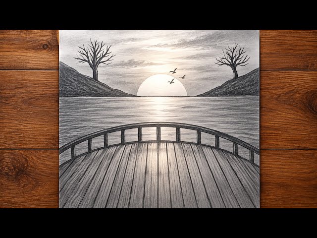 How to Draw a Beautiful Sunset Bridge Scenery | Easy Pencil Drawing Tutorial
