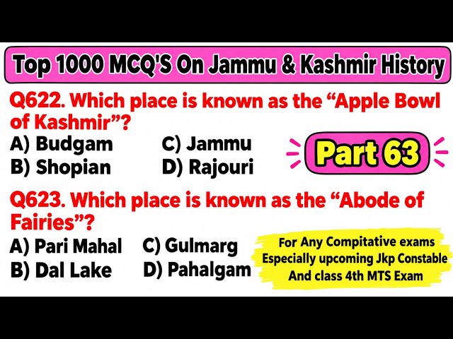Top 1000 MCQs on Jammu & Kashmir History Part 63 | J&K History MCQs | JKP Constable & MTS Exam 2026