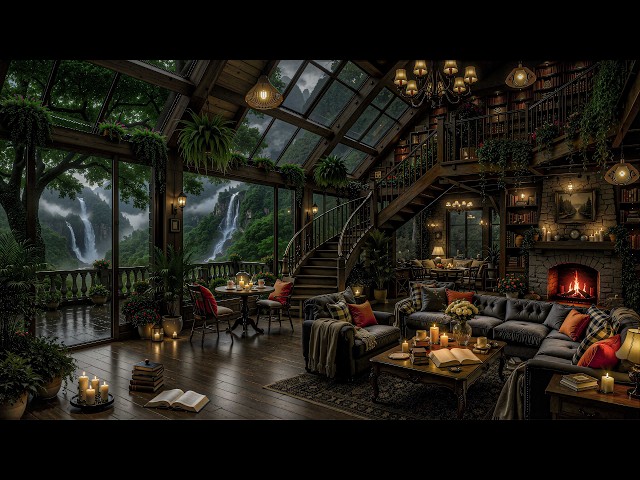 Rainforest Waterfall Library | Cozy Fireplace, Rain Sounds | Dark Academia Piano for Study & Writing