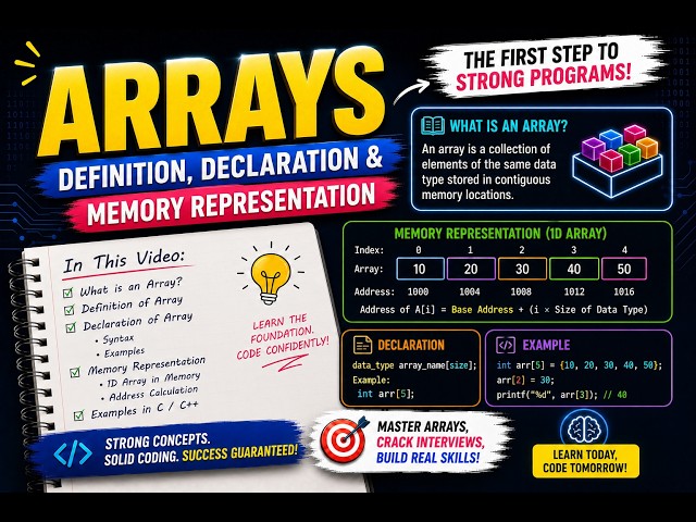 Lecture 6 Linear Arrays | Declaration | Memory Representation | DSA | Placements & Competitive Exams