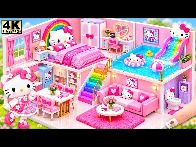 🌈🎀 Make Chic Hello Kitty Pink Miniature House with Pool Slide & Secret Pet Room ❤️ DIY Mini House