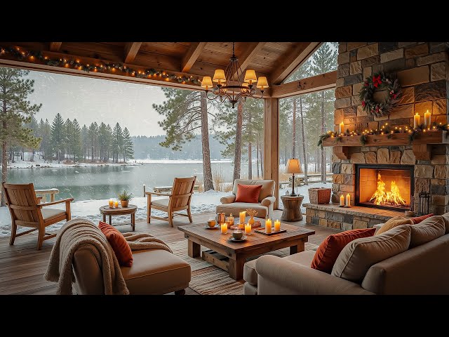 Relaxing Lakeside Cabin in Winter Ambience ☃ Warm Jazz Music to Studying, Working & Unwinding