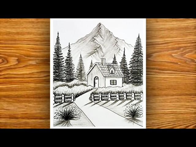 Easy Mountain House Landscape Drawing with Pencil Shading | Simple Nature Scenery