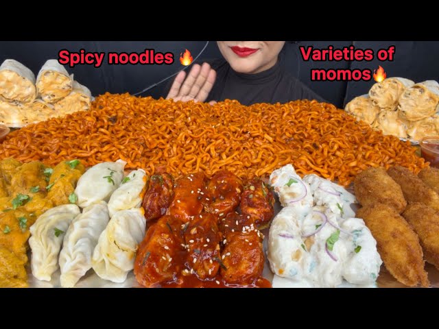 ASMR EATING SPICY NOODLES,MOMO,SHAWARMA,CREAMY MALAI MOMO,SCHEZWAN MOMO,KURKURE MOMO
