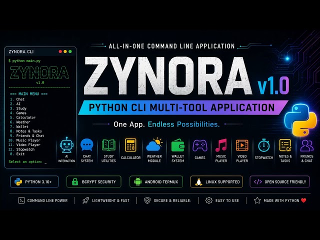 ZYNORA v1.0 🚀 Python CLI Multi-Tool App | AI, Chat, Games & More #ZYNORA