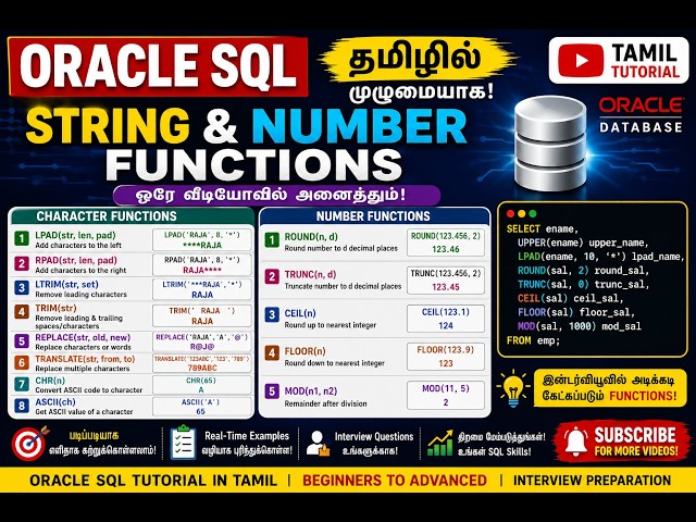Oracle SQL in Tamil | LPAD, RPAD, TRIM, REPLACE, TRANSLATE, CHR, ASCII, ROUND, TRUNC, CEIL, FLOOR