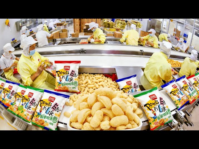 Inside Chinese Snack Giant Factory ：Non-Fried Crispy Classic Puff Chicken Flavor Snacks Making