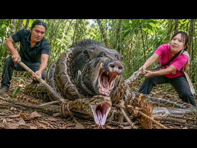 Rescuing a Wild Boar from a Giant Python Attack – Roasting the Python on the Farm | SURVIVAL ALONE