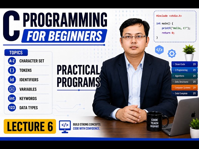 C Programming for Beginners | Identifiers, Tokens, Variable, Data Types Programs | Lecture 6