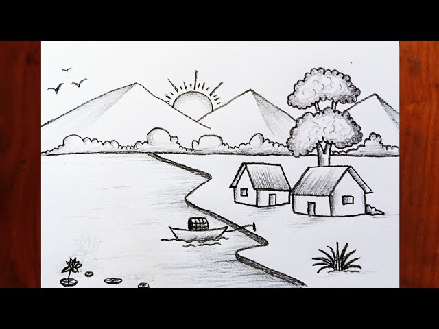 Scenery Drawing Tutorial | Village Landscape Scenery Art | Pencil Drawing
