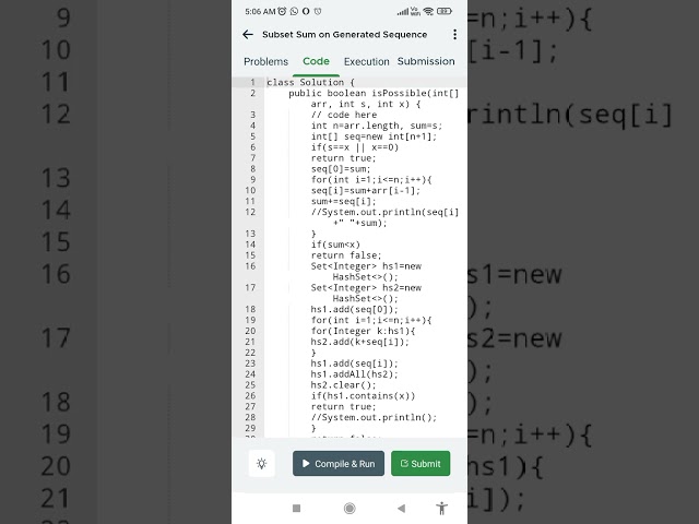 DSA Coding challenge: Subset sum on generated subsequence