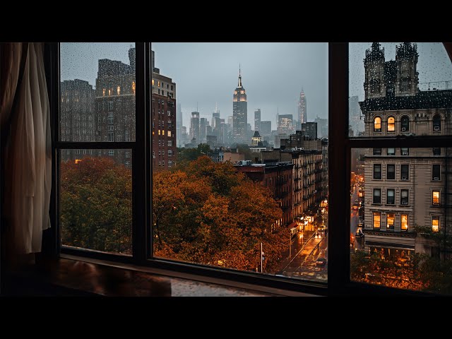 Relaxing Evening Fall Rain In New York City🍂🌧️Calm Rain Ambience For Reading, Sleeping, Etc.